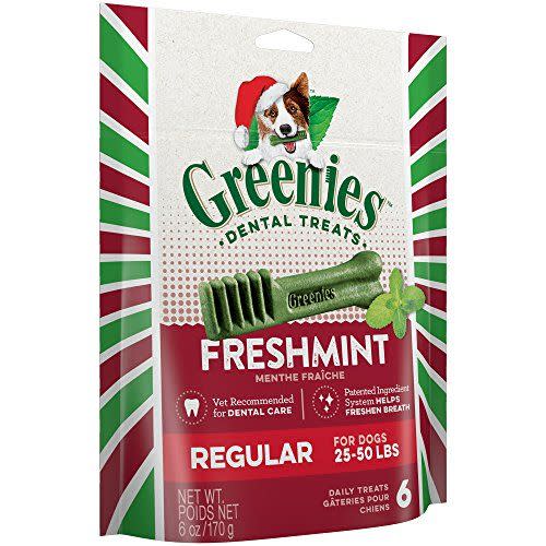 <p><strong>Greenies</strong></p><p>amazon.com</p><p><a href="http://www.amazon.com/dp/B076YG414T/?tag=syn-yahoo-20&ascsubtag=%5Bartid%7C10070.g.25603698%5Bsrc%7Cyahoo-us" rel="nofollow noopener" target="_blank" data-ylk="slk:Shop Now;elm:context_link;itc:0;sec:content-canvas" class="link ">Shop Now</a></p><p>The <a href="https://www.countryliving.com/food-drinks/g2210/peppermint-dessert-recipes/" rel="nofollow noopener" target="_blank" data-ylk="slk:seasonal flavor;elm:context_link;itc:0;sec:content-canvas" class="link ">seasonal flavor</a>'s not just for humans! Freshen up Fido's breath with these veterinarian-recommended chews.</p>