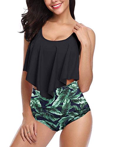 10) Aixy Womens Black Flounce Swimsuit Top High Waisted Bottom Tummy Control Plus Size Swimwear Vintage Bathing Suits