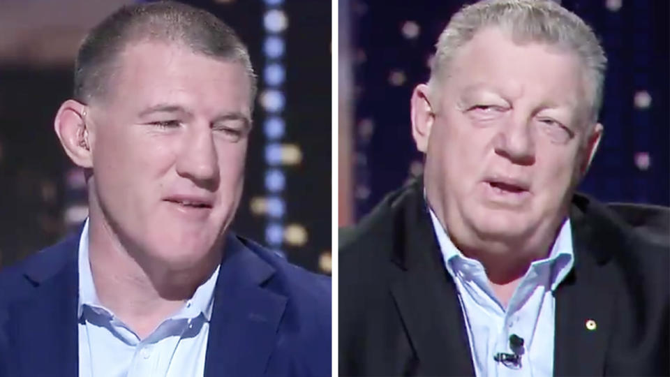 A 50-50 split image shows Paul Gallen on the left and Phil Gould in the right in two screenshots from Channel Nine program 100% Footy.