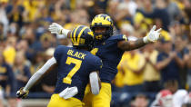 Michigan wide receiver Nico Collins (4) celebrates his 48-yard touchdown reception with Tarik Black (7) in the first half of an NCAA college football game against Rutgers in Ann Arbor, Mich., Saturday, Sept. 28, 2019. (AP Photo/Paul Sancya)