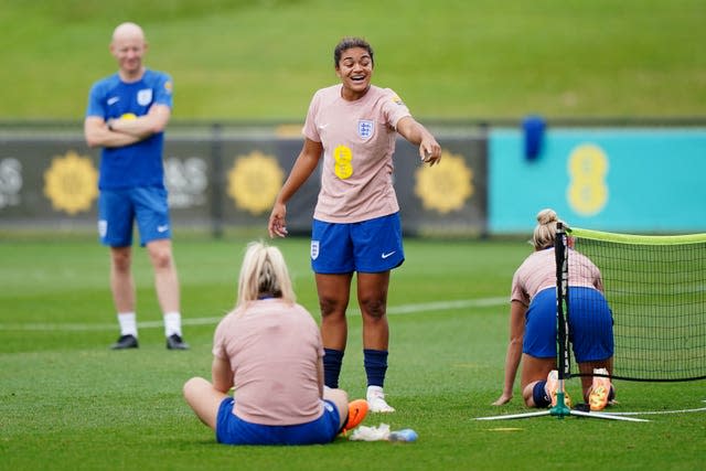 England’s Jess Carter reacts during a training session