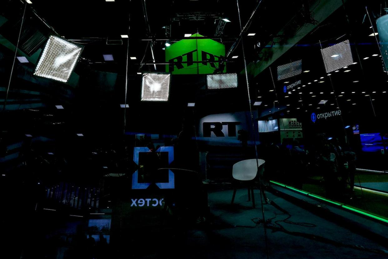 RT, a Russian government-operated media outlet, is just one of the players in the global information war. <a href="https://www.gettyimages.com/detail/news-photo/russian-state-controlled-international-television-russia-news-photo/1241380961" rel="nofollow noopener" target="_blank" data-ylk="slk:Sefa Karacan/Anadolu Agency via Getty Images;elm:context_link;itc:0;sec:content-canvas" class="link ">Sefa Karacan/Anadolu Agency via Getty Images</a>