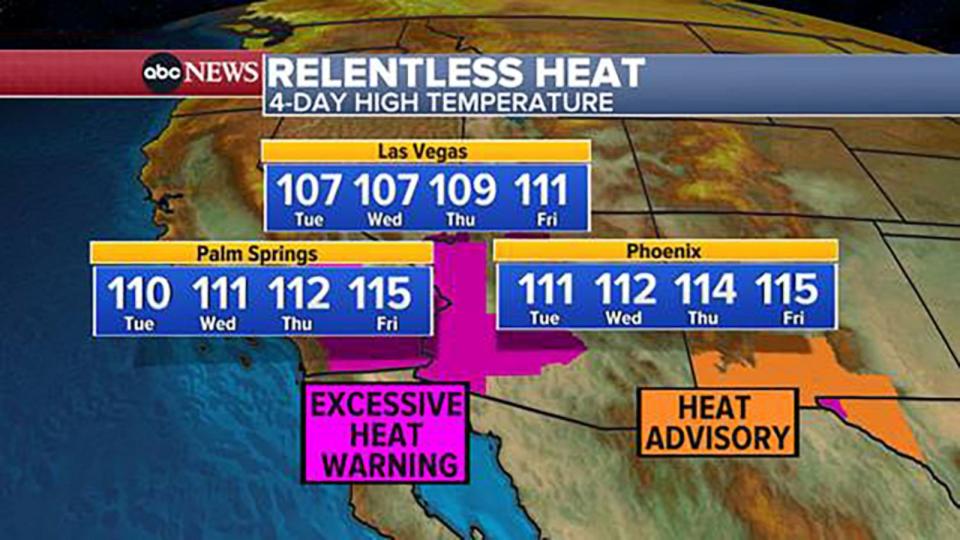 PHOTO: A weather map shows triple-digit temperatures in California, Nevada and Arizona, July 10, 2023. (ABC News)