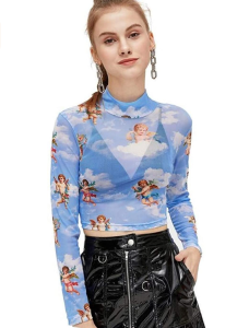 SweatyRocks Women's Long Sleeve Mock Neck Angel Print Sexy Sheer Mesh Crop Top