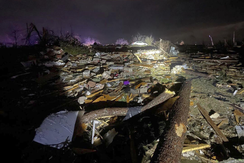 This photo provided by the Adamsville, Tenn., Police Department shows debris in the Adamsville, Tenn., area on Friday, March 31, 2023, after a deadly tornado passed through. (Adamsville Police Department via AP)