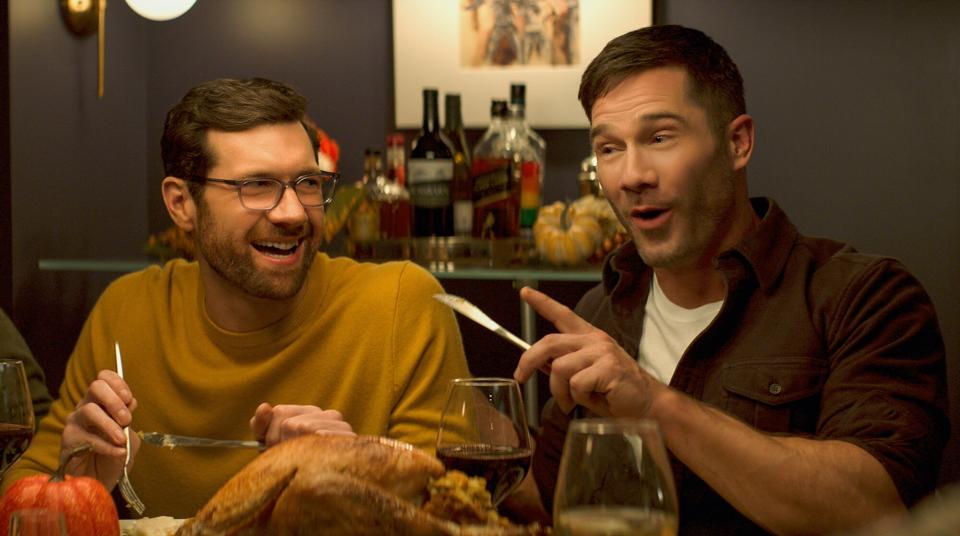(from left) Bobby (Billy Eichner) and Aaron (Luke Macfarlane) in Bros, directed by Nicholas Stoller.
