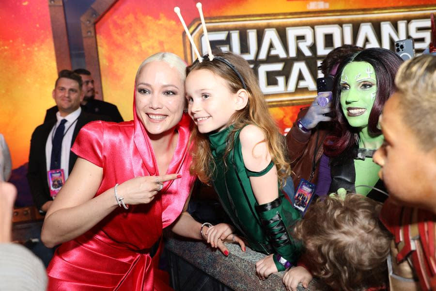 Pom Klementieff makes some fans very happy at the “Guardians of the Galaxy Vol. 3” premiere at the Dolby Theatre in Hollywood. (Alex J. Berliner/ABImages)