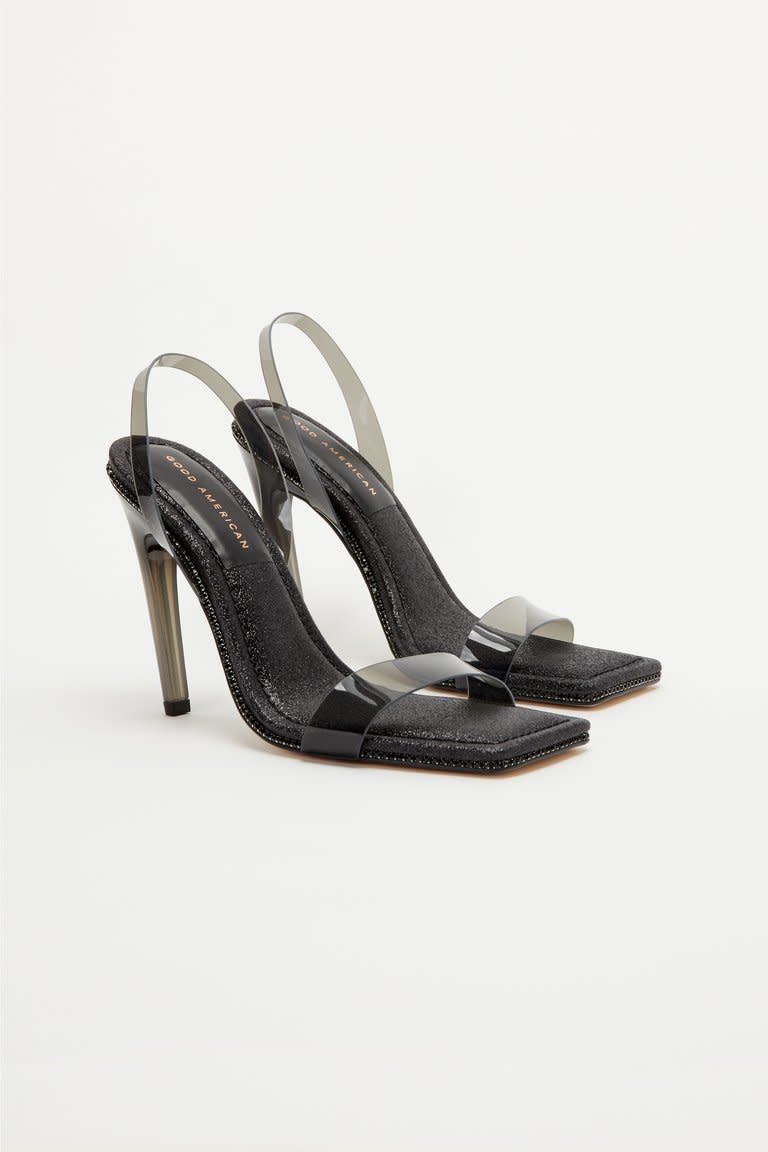 Black Glitter Lucite Sandal. Image via Good American.