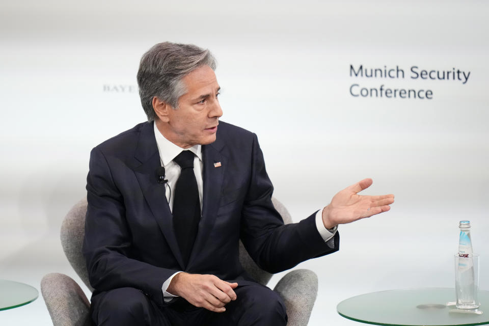 United States Secretary of State Antony Blinken attends a panel discussion at the Munich Security Conference in Munich, Saturday, Feb. 18, 2023. The 59th Munich Security Conference (MSC) is taking place from Feb. 17 to Feb. 19, 2023 at the Bayerischer Hof Hotel in Munich. (AP Photo/Petr David Josek)