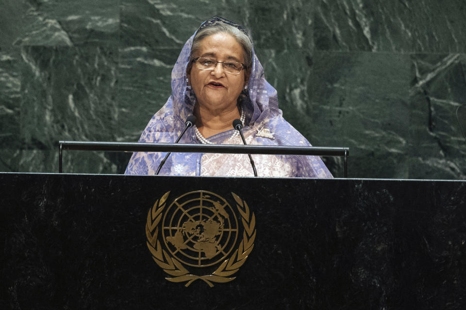 Bangladesh's Prime Minister Sheikh Hasina addresses the 74th session of the United Nations General Assembly at the U.N. headquarters, Friday, Sept. 27, 2019. (AP Photo/Kevin Hagen)