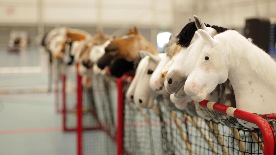 Dozens of hobby horses are lined up ready to be ridden during the 8th Hobby Horse championships in Seinajoki, Finland on Saturday, June 15, 2019. More than 400 hobby horse enthusiasts took part in the show, competing on stylish toy horses in various events inspired by real equestrian events. (AP Photo/from APTN Video)