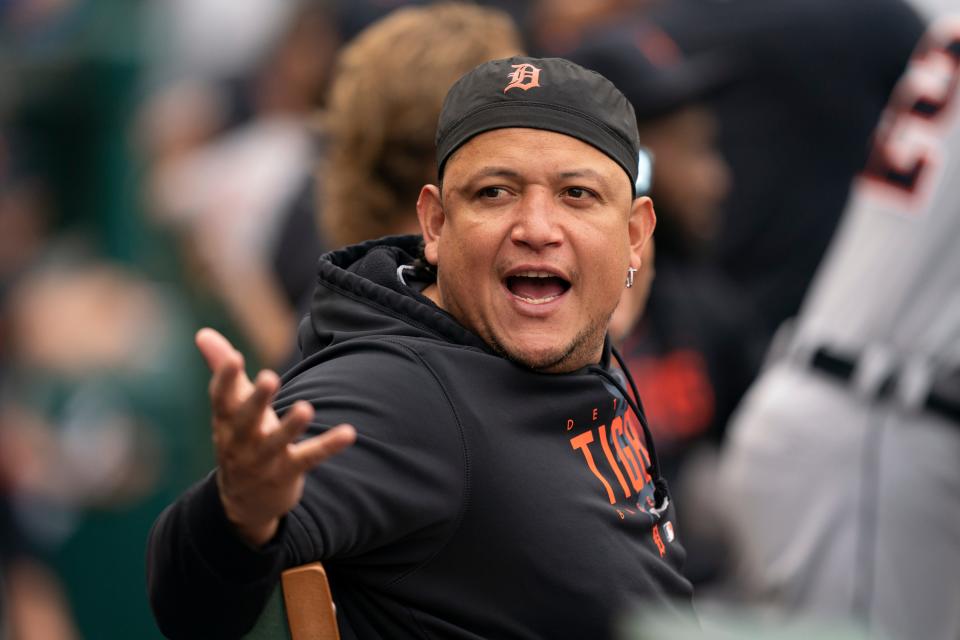 Detroit Tigers designated hitter Miguel Cabrera speaks to fans while sitting in the dugout during the first inning against the Los Angeles Angels at Angel Stadium in Anaheim, California, on Sunday, Sept. 17, 2023.