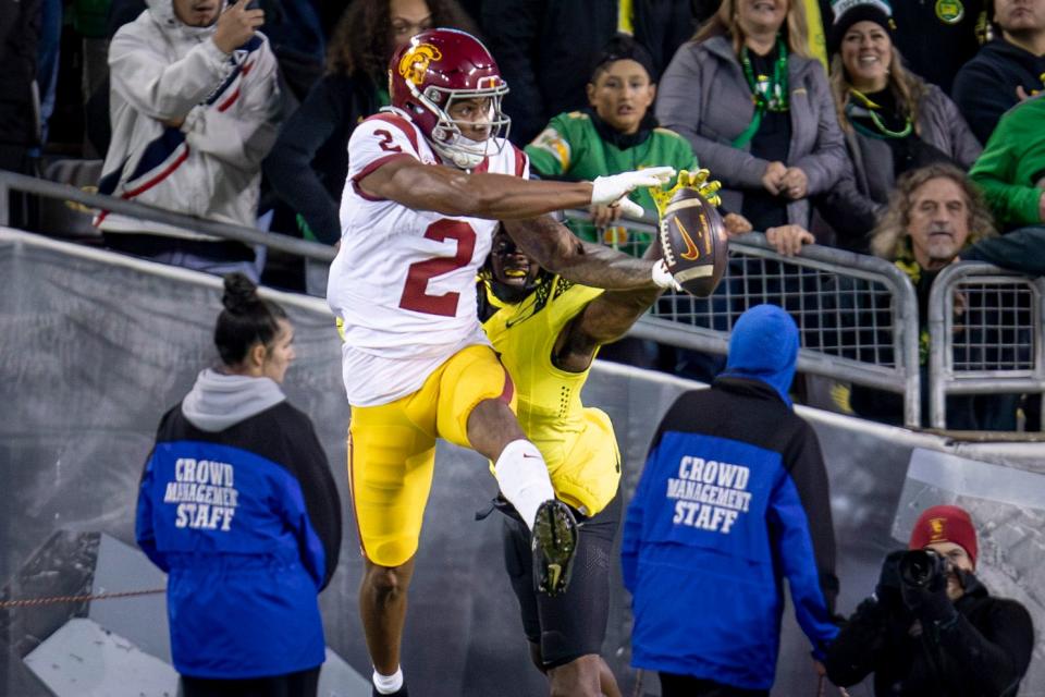 Oregon defensive back Trikweze Bridges breaks up a pass intended for USC wide receiver Brenden Rice as the No. 6 Ducks defeated the Trojans on Nov. 11, at Autzen Stadium.
