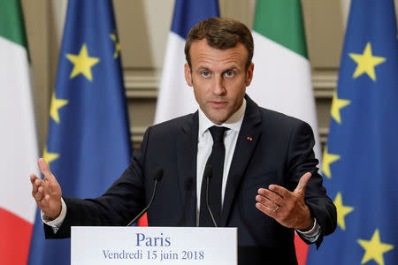 FILE PHOTO: French President Emmanuel Macron attends a joint news conferenece with Italian Prime Minister Giuseppe Conte (not pictured) at the Elysee Palace in Paris, France, June 15, 2018. Ludovic Marin/Pool via Reuters//File Photo