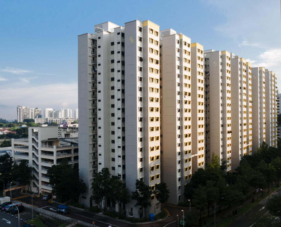 Perspective view of Singapore's HDB housing apartment blocks in a residential neighbourhood, illustrating a story on HDB BTO. 