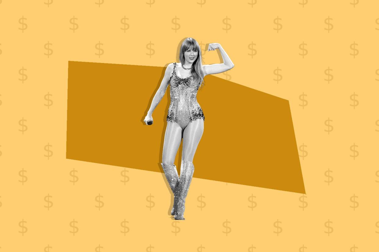 Taylor Swift making a muscle with her left arm against a backdrop of dollar signs.