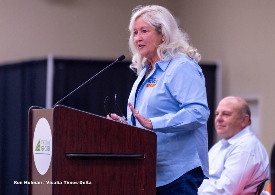 Connie Conway, State Executive Director for the USDA Farm Service Agency, speaks during opening ceremonies for the World Ag Expo on Tuesday, February 11, 2020.