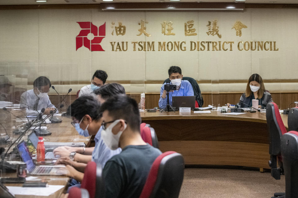 District Council Members of the Yau Tsim District Council during a meeting of the District Council in Hong Kong, Thursday, May 13, 2021. (Photo by Vernon Yuen/NurPhoto via Getty Images)