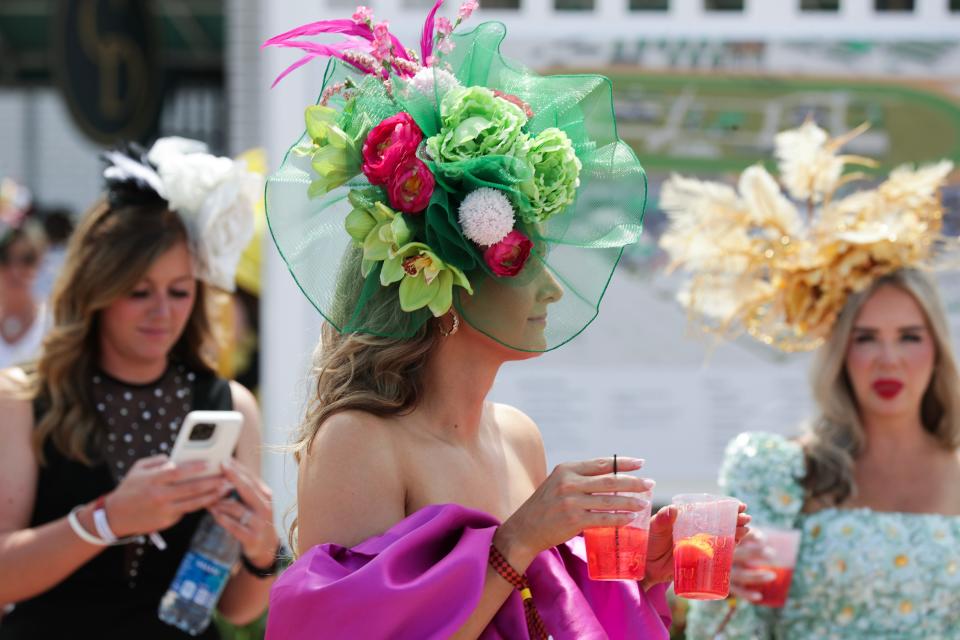 Rachel Ferree wore a fashionable hat during Thurby at Churchill Downs in Louisville, Ky. on May. 2, 2024.