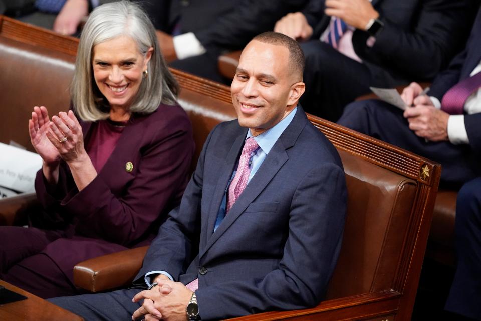 Joining other members of her party, new U.S. Rep. Emilia Sykes of Akron voted for Rep. Hakeem Jeffries, D-N.Y., shown Tuesday sitting with incoming Democratic Whip Rep. Katherine Clark, D-Mass., to serve as speaker of the House.