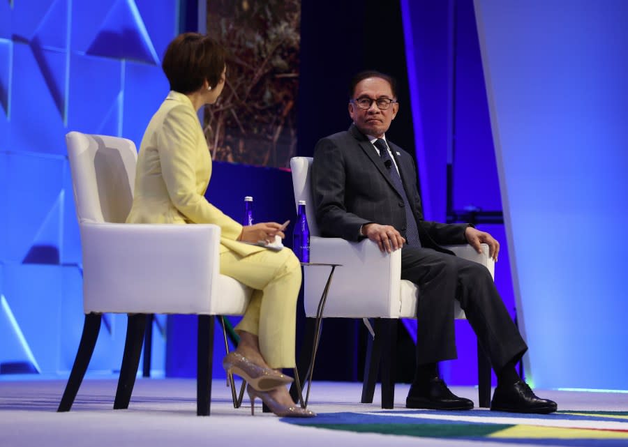 Malaysian Prime Minister Anwar Ibrahim speaks during the APEC CEO Summit at Moscone West on November 15, 2023. (Photo by Justin Sullivan/Getty Images)