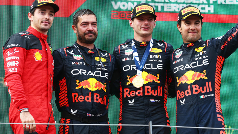 Chalres Leclerc, Max Verstappen and Sergio Perez stand on the podium at the Austrian GP.