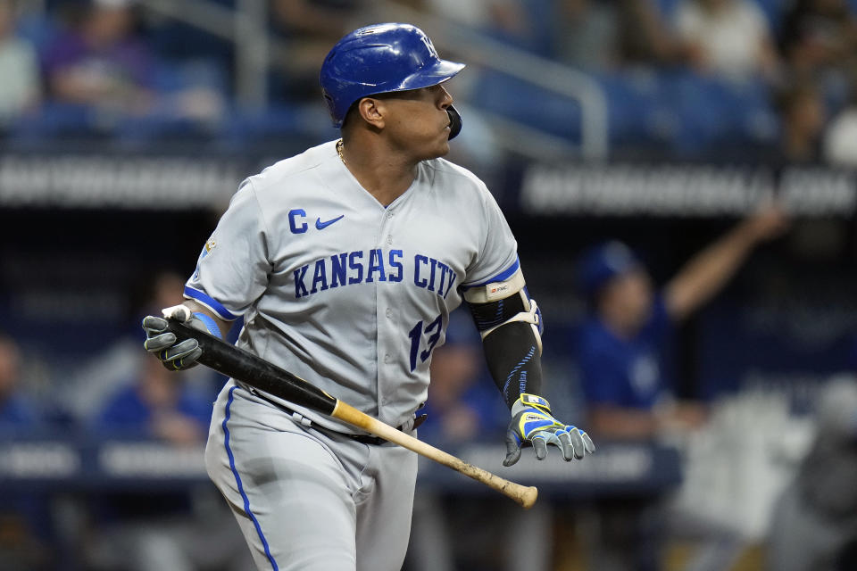 Kansas City Royals' Salvador Perez watches his two-run home run off Tampa Bay Rays starting pitcher Zach Eflin during the third inning of a baseball game Friday, June 23, 2023, in St. Petersburg, Fla. (AP Photo/Chris O'Meara)