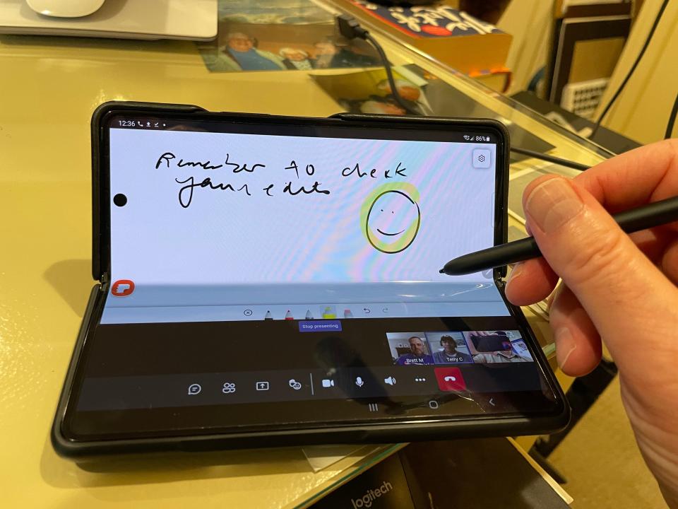 The Samsung Galaxy Z Fold3 5G lets you attend a video meeting and take notes at the same time on the same device.