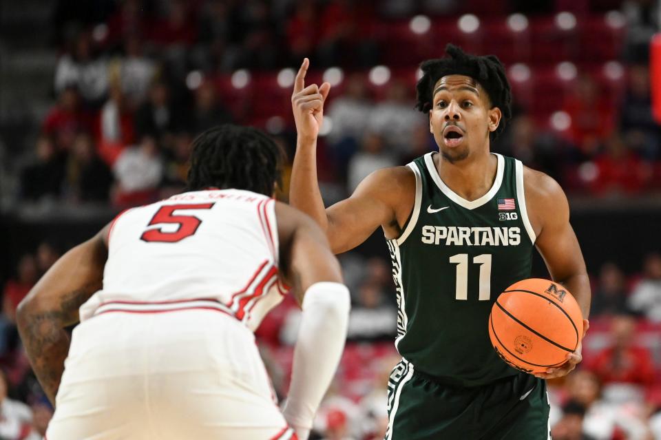 Michigan State guard A.J. Hoggard calls the offense during the first half of MSU's 61-59 win on Sunday, Jan. 21, 2024, in College Park, Maryland.