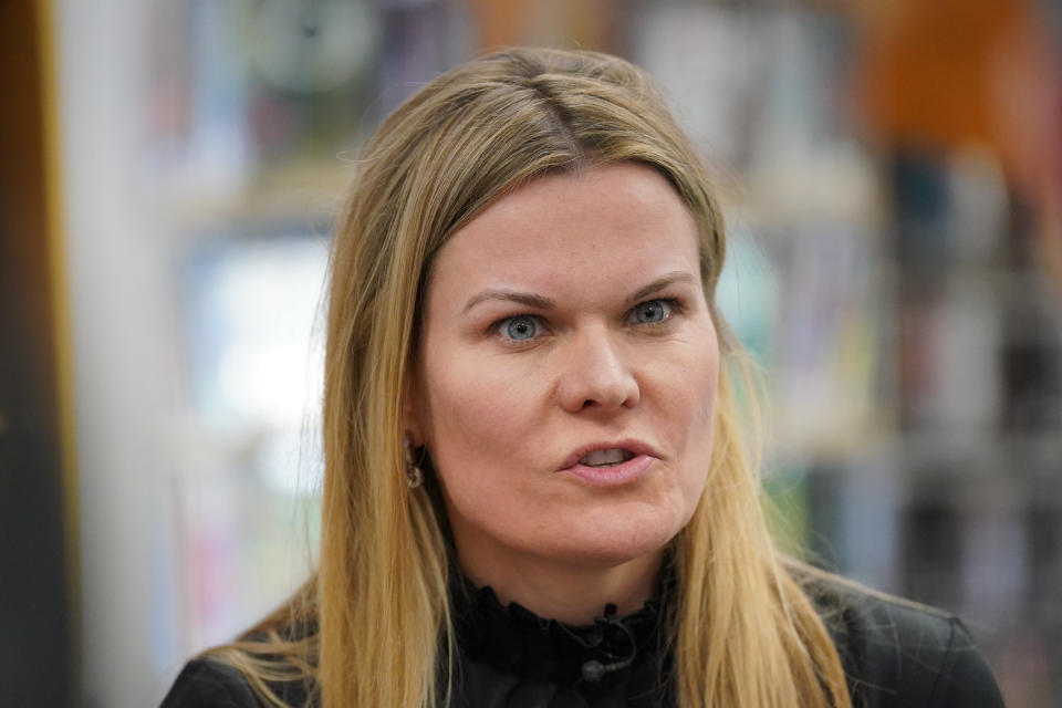 Minister for Victims and Safeguarding, Laura Farris takes part in a media interview during a visit to Fulham Cross Academy, south west London, following an announcement of an update on mandatory reporting of child sexual abuse and on sex offender management. Picture date: Monday February 19, 2024. (Photo by Jonathan Brady/PA Images via Getty Images)