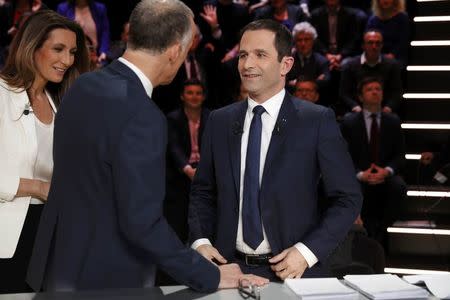 Candidate for the 2017 presidential election Benoit Hamon of the French Socialist party (PS) arrives for a debate organised by French private TV channel TF1 in Aubervilliers, outside Paris, France, March 20, 2017. REUTERS/Patrick Kovarik/Pool