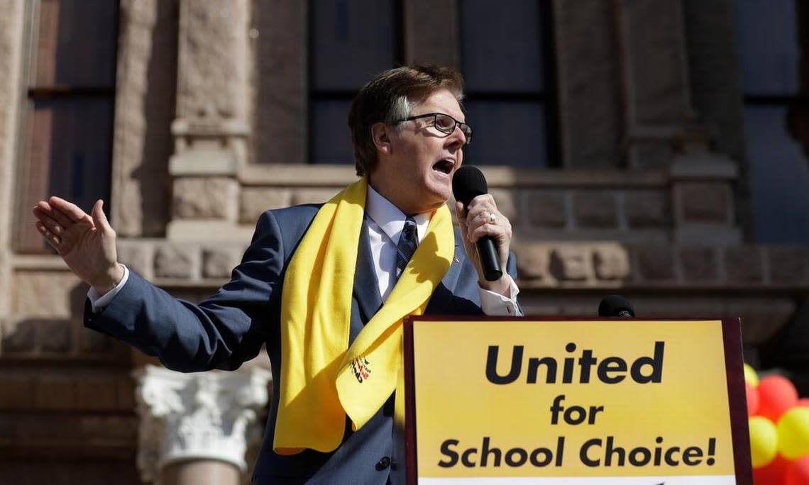 Lt. Gov. Dan Patrick speaks during a rally in support of school choice in 2017 at the Capitol.