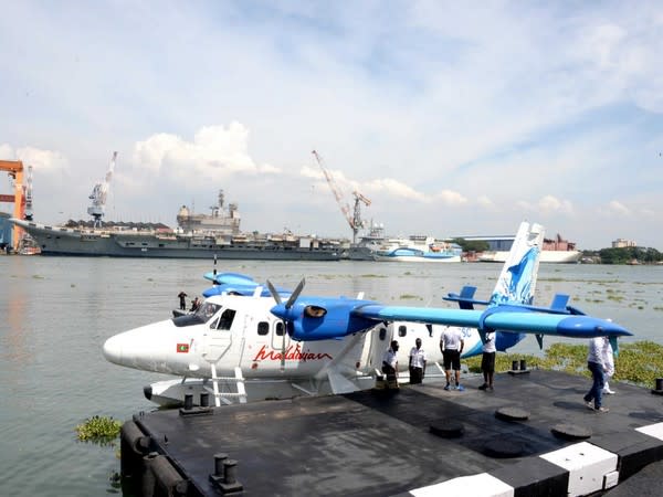 A visual of the seaplane at the Venduruthy channel at Kochi on Sunday. 