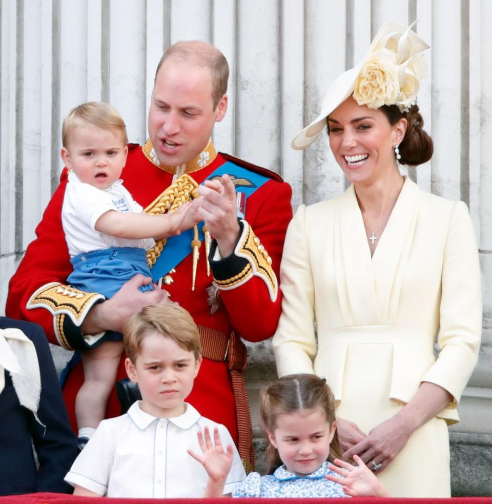 london, united kingdom june 08 embargoed for publication in uk newspapers until 24 hours after create date and time prince william, duke of cambridge, catherine, duchess of cambridge, prince louis of cambridge, prince george of cambridge and princess charlotte of cambridge stand on the balcony of buckingham palace during trooping the colour, the queens annual birthday parade, on june 8, 2019 in london, england the annual ceremony involving over 1400 guardsmen and cavalry, is believed to have first been performed during the reign of king charles ii the parade marks the official birthday of the sovereign, although the queens actual birthday is on april 21st photo by max mumbyindigogetty images