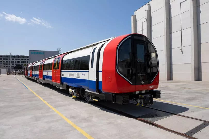 The first of the brand new Piccadilly Line trains leaving the factory