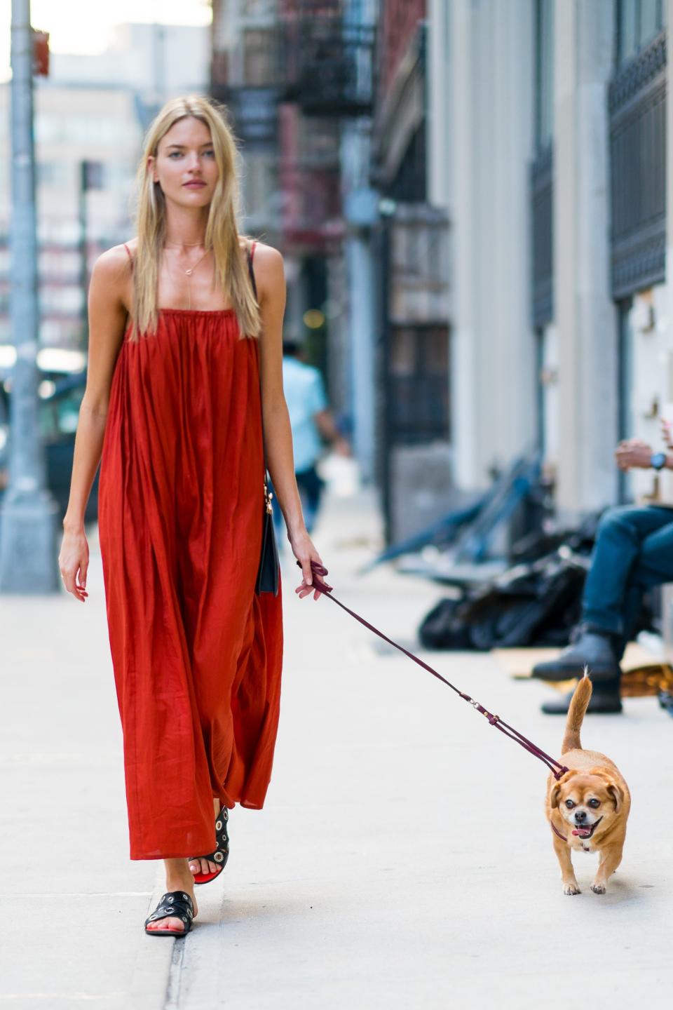 <p>WHO: Martha Hunt</p> <p>WHAT: Totême dress with a Céline bag, Proenza Schouler shoes, Pluma necklace</p> <p>Where: On the street, New York City</p> <p>When: August 16, 2018</p>