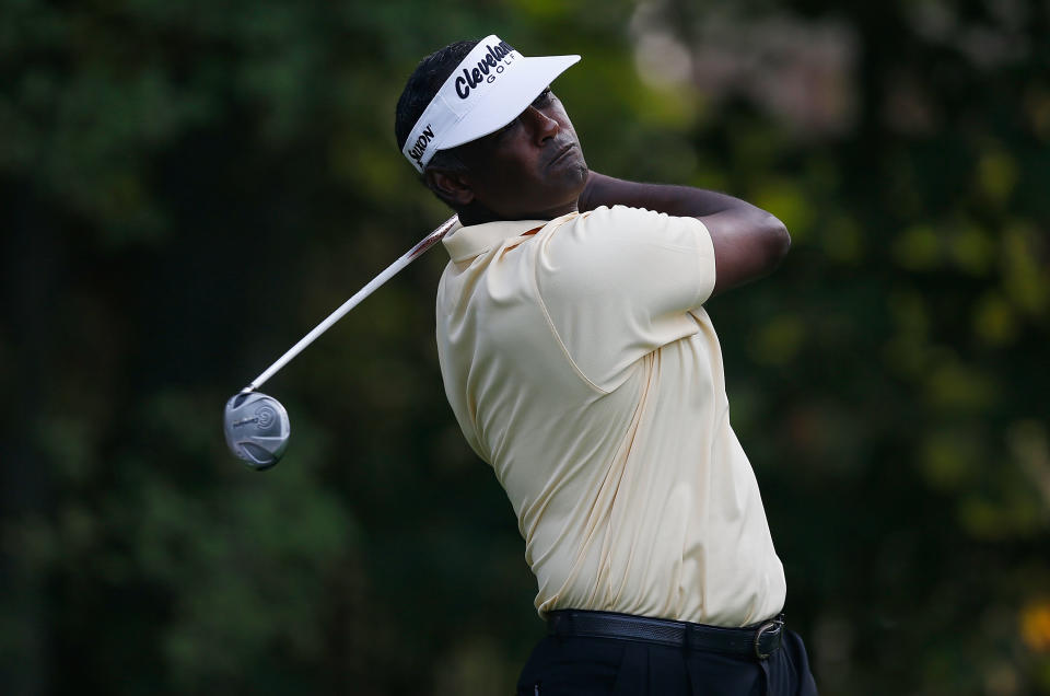CARMEL, IN - SEPTEMBER 07: Vijay Singh of Fiji watches his tee shot on the 12th hole during the second round of the BMW Championship at Crooked Stick Golf Club on September 7, 2012 in Carmel, Indiana. (Photo by Scott Halleran/Getty Images)