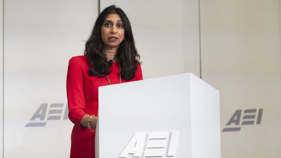 UK Home Secretary Suella Braverman delivers an address on migration challenges at the American Enterprise Institute in Washington on September 26. - Kevin Wolf/AP