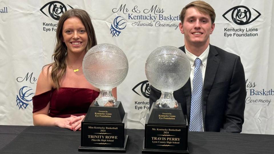 Pikeville’s Trinity Rowe, right, and Lyon County’s Travis Perry were named Miss and Mr. Kentucky Basketball, respectively, during an awards ceremony Sunday evening at Lexington’s Marriott Griffin Gate Resort. Jared Peck/jpeck@herald-leader.com