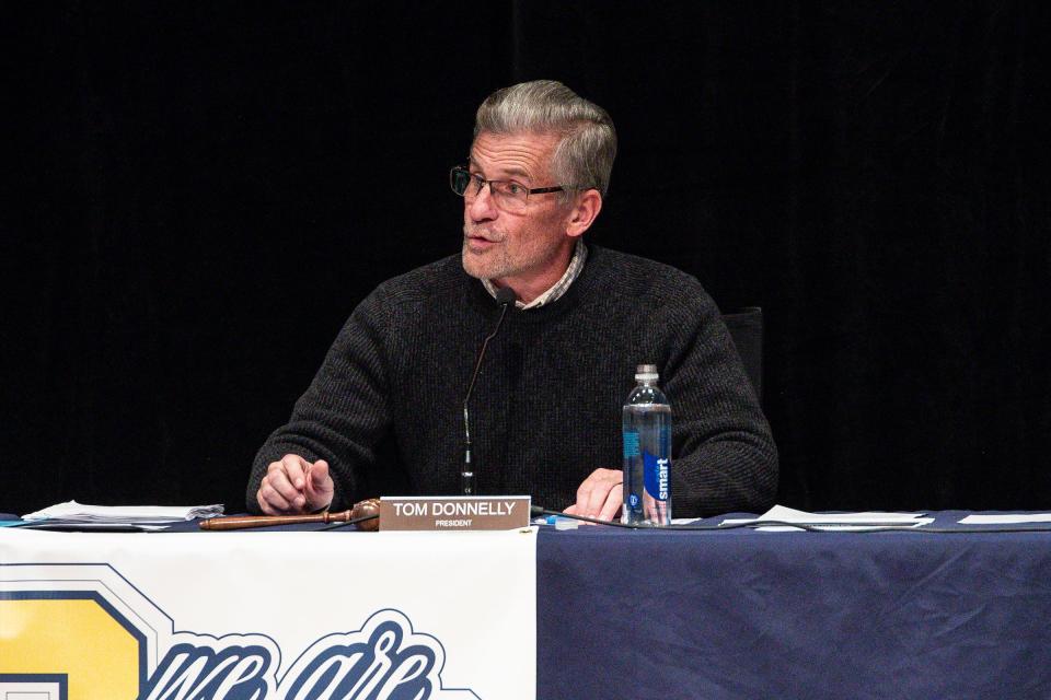 Oxford Community Schools Board of Education President Tom Donnelly speaks during a Board of Education meeting at Oxford Middle School in Oxford on Dec. 14, 2021.