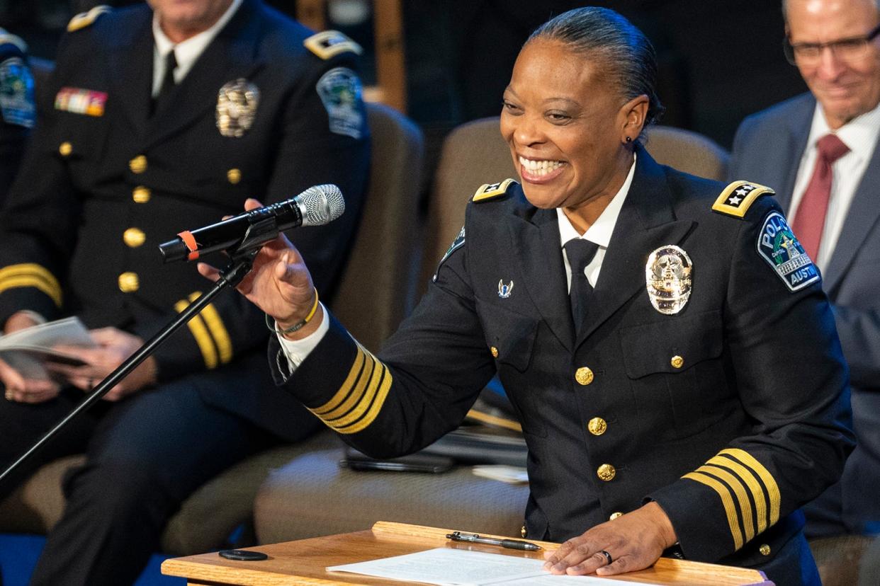 Interim Chief of Police Robin Henderson addresses the graduates during the Austin Police Department's commencement ceremony for the 149th cadet class at Bannockburn Church in south Austin Friday, Jan. 5, 2024. Cadets completed a 32-week training program consisting of legal issues, driving, crisis intervention training, community policing, leadership, defensive tactics and physical fitness.