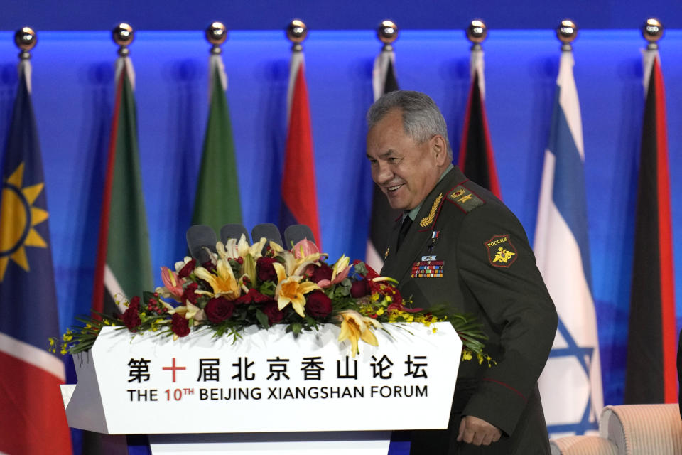 Russian Defense Minister Sergei Shoigu prepares to speak at the 10th Beijing Xiangshan Forum in Beijing, Monday, Oct. 30, 2023. Defense Minister Shoigu said Monday the United States is fueling geopolitical tensions to uphold its "hegemony" and warned of the risk of confrontation between major countries. (AP Photo/Ng Han Guan)