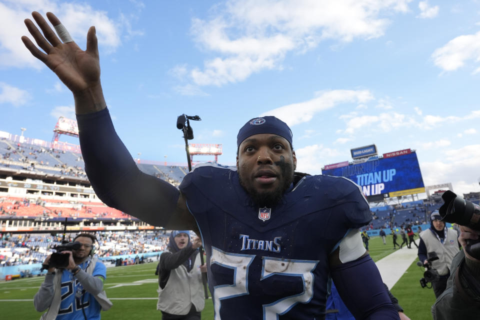 Tennessee Titans running back Derrick Henry (22) leaves the field after an NFL football game against the Jacksonville Jaguars Sunday, Jan. 7, 2024, in Nashville, Tenn. (AP Photo/George Walker IV)