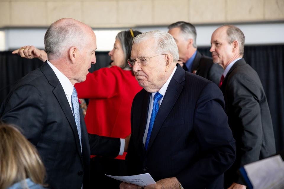 Spencer Kirk, left, lead donor for the new Kathryn F. Kirk Center for Comprehensive Cancer Care and Women’s Cancers at Huntsman Cancer Institute, talks with President M. Russell Ballard, acting president of the Quorum of the Twelve Apostles of The Church of Jesus Christ of Latter-day Saints, after the center’s opening in Salt Lake City on Monday, May 8, 2023. | Spenser Heaps, Deseret News