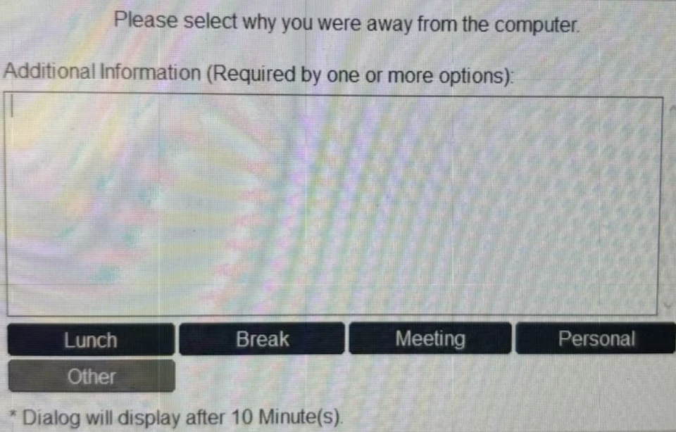 Computer screen display prompting the user to select a reason for being away, with options: Lunch, Break, Meeting, Personal, and Other