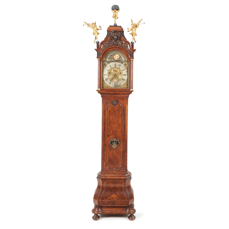 The 'crown jewel': Dutch burl walnut and inlaid eight-day musical longcase clock, by Jan Christian Sauer, Amsterdam, c. 1765.