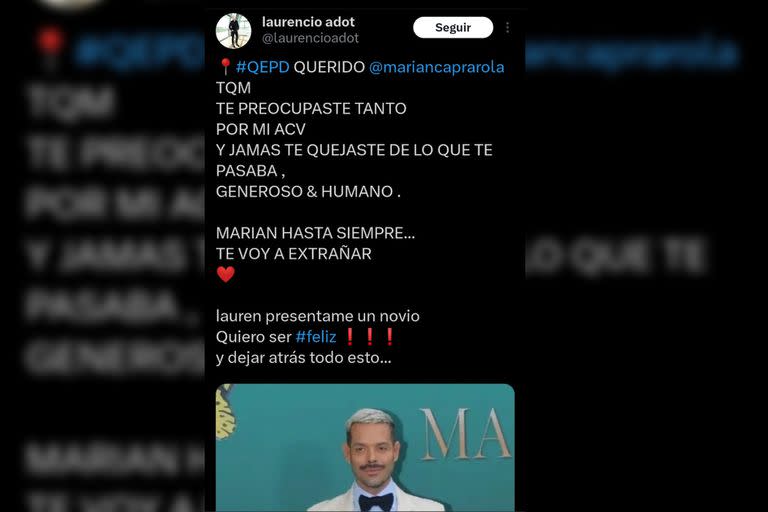 Laurencio Adot contó el gran deseo de Mariano (Captura Twitter)