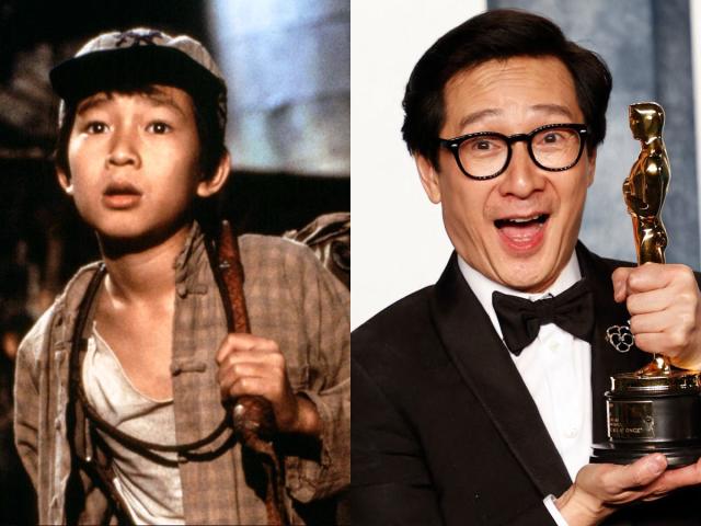 Ke Huy Quan as Short Round in &quot;Indiana Jones and the Temple of Doom,&quot; and Quan posing with his Oscar.