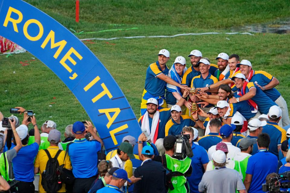 Oct 1, 2023; Rome, ITA; Team Europe captain Luke Donald and Team Europe celebrates with the Ryder Cup trophy after beating Team USA  during the final day of the 44th Ryder Cup golf competition at Marco Simone Golf and Country Club. Mandatory Credit: Adam Cairns-USA TODAY Sports