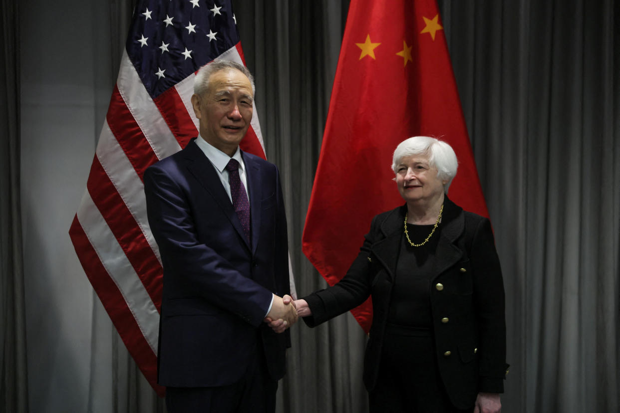 U.S. Treasury Secretary Janet Yellen shakes hands with Chinese Vice Premier Liu He as they meet for talks in Zurich, Switzerland, January, 18, 2023. REUTERS/Denis Balibouse